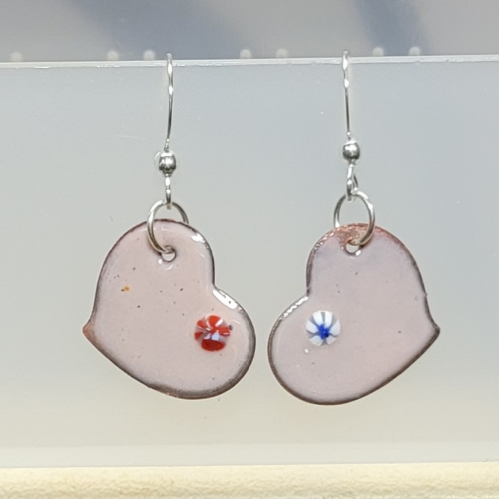 Hand Crafted Heart Earrings with Red and Blue Accents